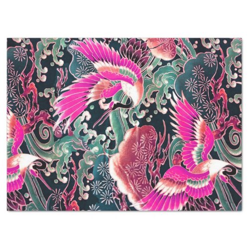 FLYING CRANES WAVES FLOWERS Pink Japanese Floral Tissue Paper