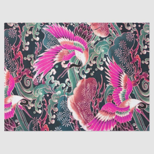 FLYING CRANES WAVES, FLOWERS Pink Japanese Floral Tissue Paper (Front)
