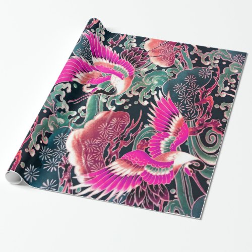 FLYING CRANESWAVESFLOWERS  Pink Japanese Floral Wrapping Paper