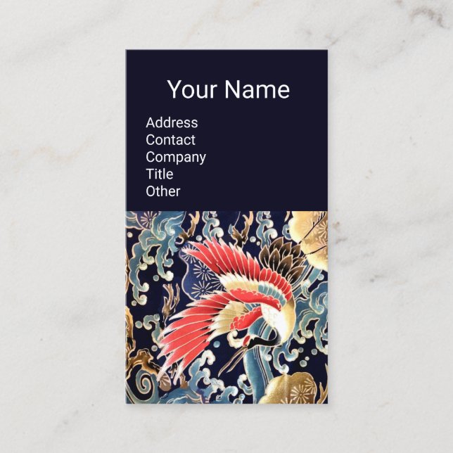 FLYING CRANES,WAVES,SPRING FLOWERS Floral Red Blue Business Card (Front)