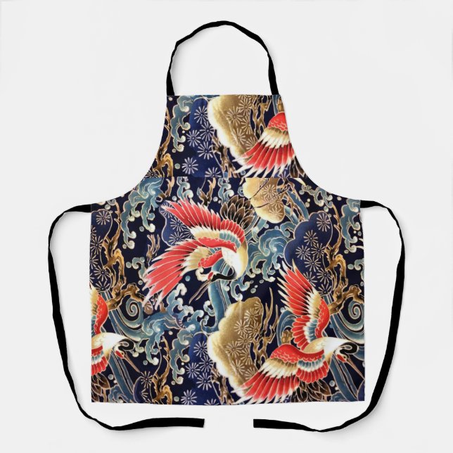 FLYING CRANES,WAVES,SPRING FLOWERS Japanese Floral Apron (Front)