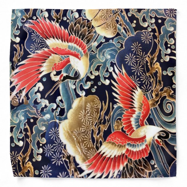 FLYING CRANES,WAVES,SPRING FLOWERS Japanese Floral Bandana (Front)