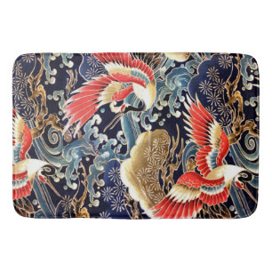 FLYING CRANES,WAVES,SPRING FLOWERS Japanese Floral Bath Mat
