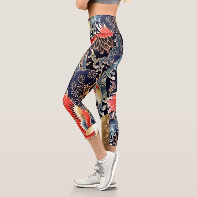FLYING CRANES WAVES,SPRING FLOWERS Japanese Floral Capri Leggings (Left)