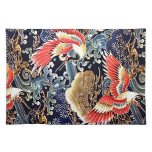 FLYING CRANES WAVES,SPRING FLOWERS Japanese Floral Cloth Placemat