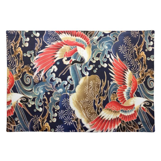 FLYING CRANES WAVES,SPRING FLOWERS Japanese Floral Cloth Placemat (Front)