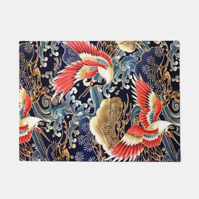 FLYING CRANES,WAVES,SPRING FLOWERS Japanese Floral Doormat (Front)