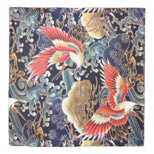 FLYING CRANES,WAVES,SPRING FLOWERS Japanese Floral Duvet Cover