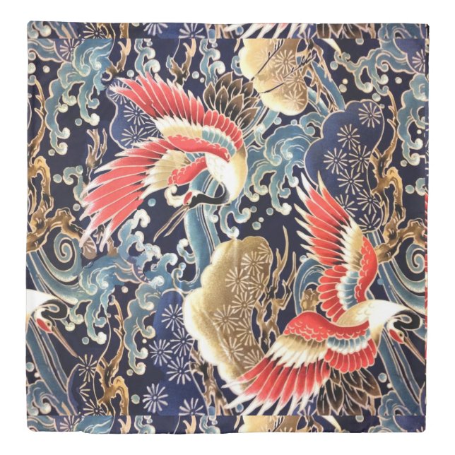 FLYING CRANES,WAVES,SPRING FLOWERS Japanese Floral Duvet Cover (Front)