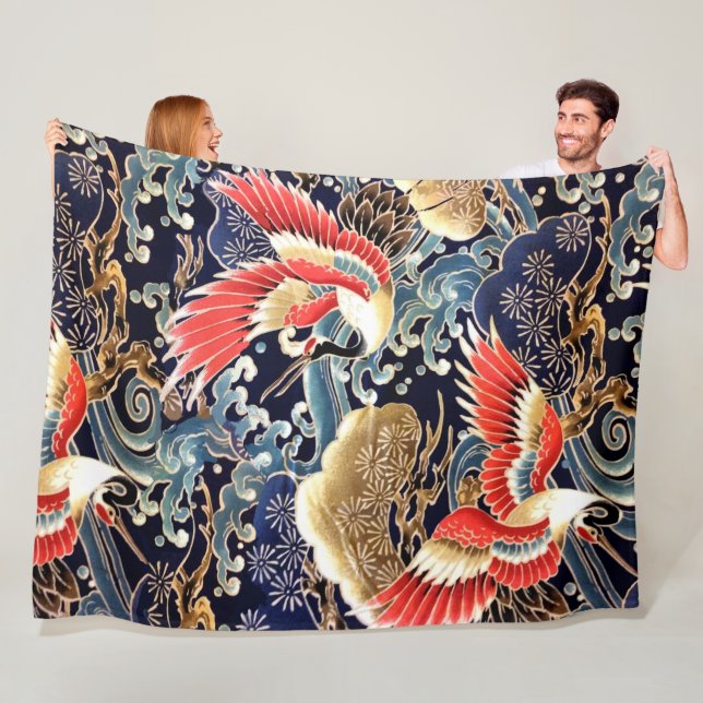 FLYING CRANES,WAVES,SPRING FLOWERS Japanese Floral Fleece Blanket (In Situ)