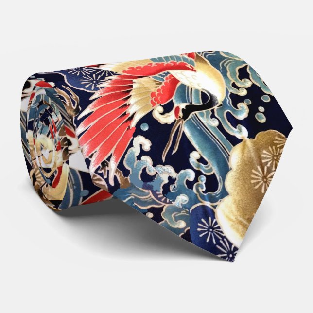 FLYING CRANES,WAVES,SPRING FLOWERS Japanese Floral Neck Tie (Rolled)
