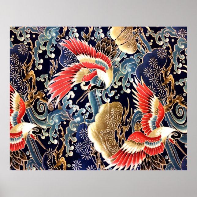 FLYING CRANES,WAVES,SPRING FLOWERS Japanese Floral Poster (Front)