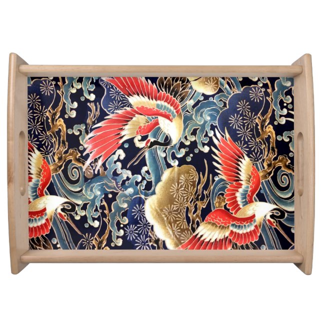 FLYING CRANES,WAVES,SPRING FLOWERS Japanese Floral Serving Tray (Front)