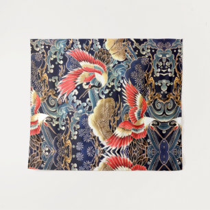 FLYING CRANES,WAVES,SPRING FLOWERS Japanese Floral Tapestry