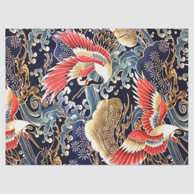 FLYING CRANES WAVES,SPRING FLOWERS Japanese Floral Tissue Paper (Front)