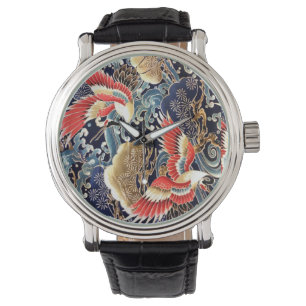 FLYING CRANES,WAVES,SPRING FLOWERS Japanese Floral Watch
