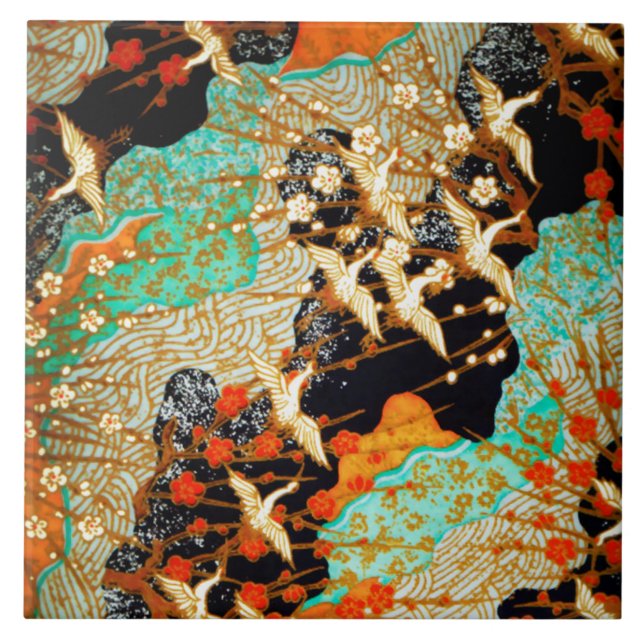 FLYING CRANES WITH SPRING FLOWERS Japanese Floral Ceramic Tile (Front)