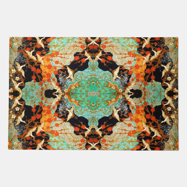 FLYING CRANES WITH SPRING FLOWERS Japanese Floral  Doormat (Front)