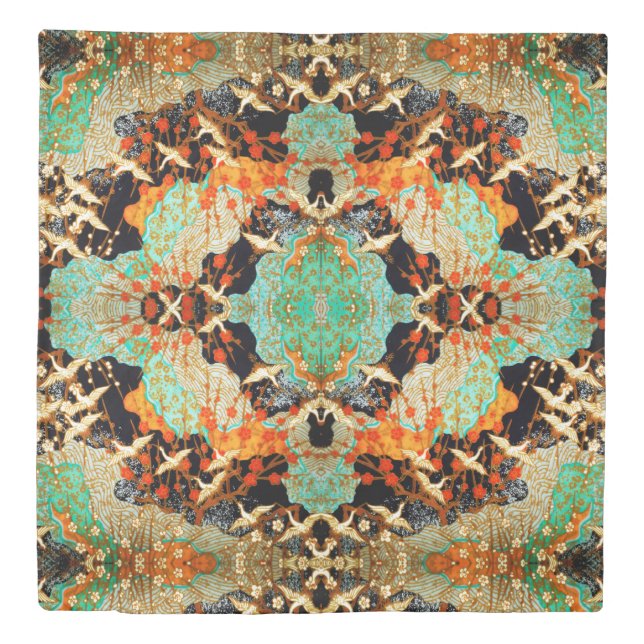 FLYING CRANES WITH SPRING FLOWERS Japanese Floral Duvet Cover (Front)