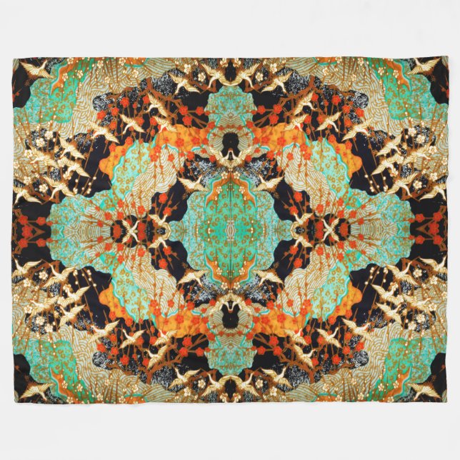 FLYING CRANES WITH SPRING FLOWERS Japanese Floral Fleece Blanket (Front (Horizontal))