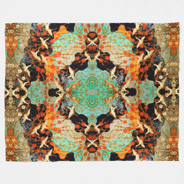 FLYING CRANES WITH SPRING FLOWERS Japanese Floral  Fleece Blanket (Front (Horizontal))