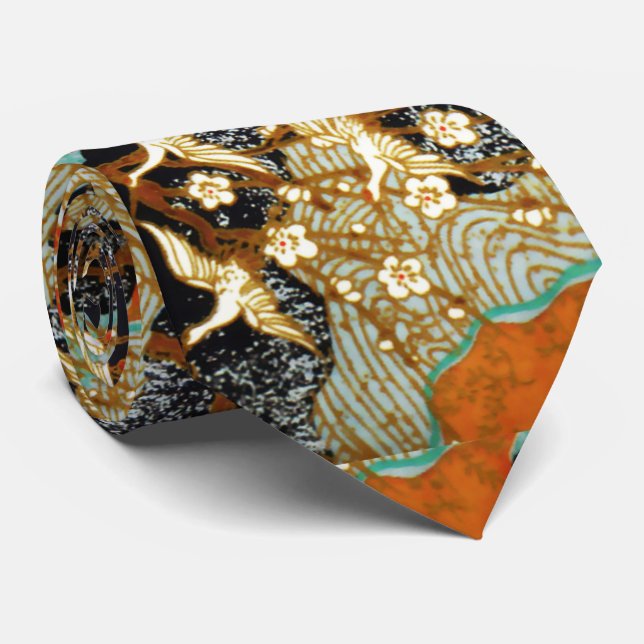 FLYING CRANES WITH SPRING FLOWERS Japanese Floral Neck Tie (Rolled)