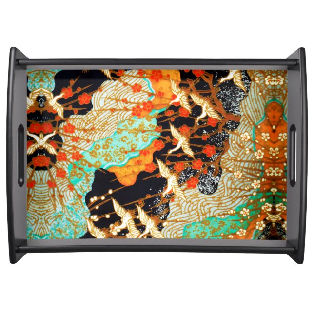 FLYING CRANES WITH SPRING FLOWERS Japanese Floral  Serving Tray (Front)