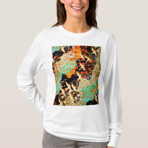 FLYING CRANES WITH SPRING FLOWERS Japanese Floral T_Shirt