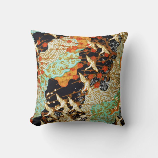 FLYING CRANES WITH SPRING FLOWERS Japanese Floral Throw Pillow (Front)