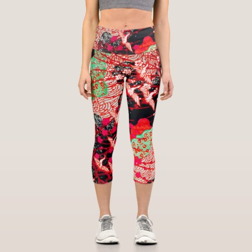 FLYING CRANES WITH SPRING FLOWERS Red Black Capri Leggings