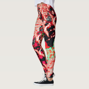 FLYING CRANES WITH SPRING FLOWERS  Red Floral Leggings