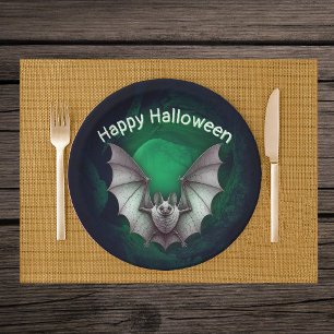 Flying Creepy Grey Bat Misty Glowing Green Cave Paper Plates