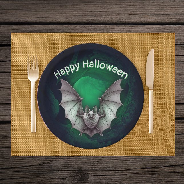 Flying Creepy Grey Bat Misty Glowing Green Cave Paper Plates (Creepy flying grey bat in misty glowing green cave on Halloween party paper plates.)