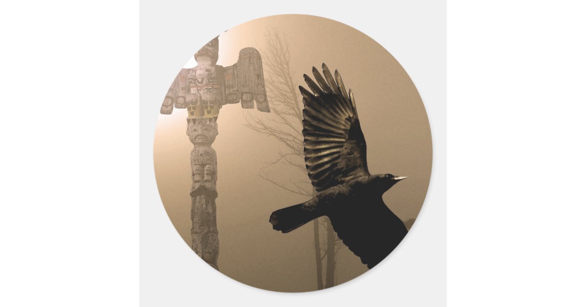 Flying Crow Spirit & Totem Pole Sacred Art Classic Round Sticker | Zazzle