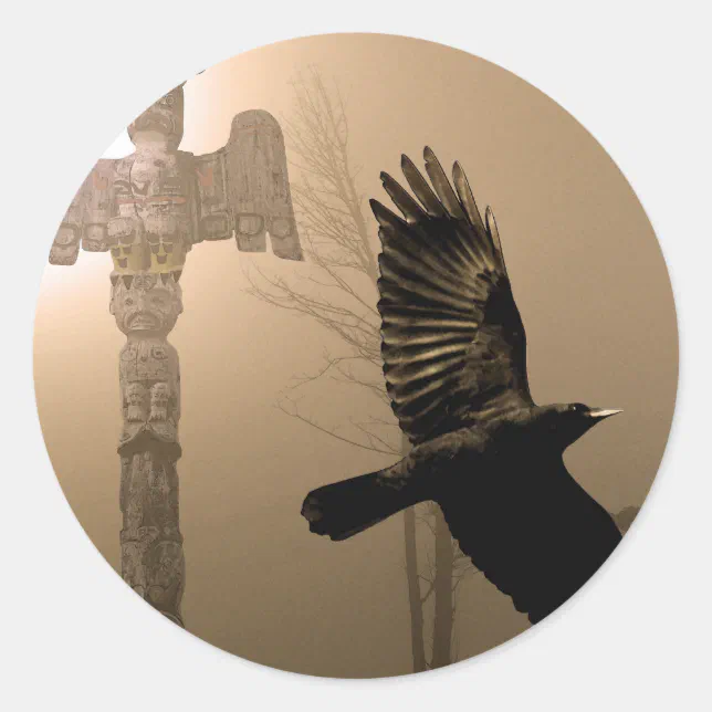 Flying Crow Spirit & Totem Pole Sacred Art Classic Round Sticker | Zazzle
