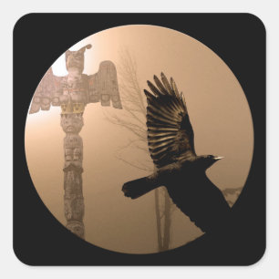 Flying Crow Spirit & Totem Pole Sacred Art Square Sticker