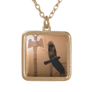 Flying Crow & Totem-Pole Fantasy Art Gold Plated Necklace