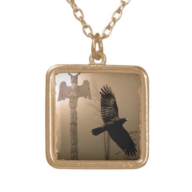 Flying Crow & Totem-Pole Fantasy Art Gold Plated Necklace (Front)