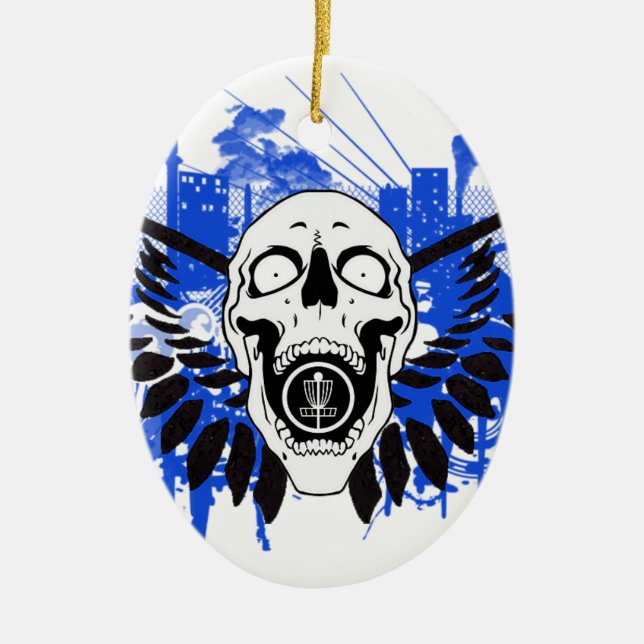 Flying Disc Golf Skull Ceramic Ornament (Front)