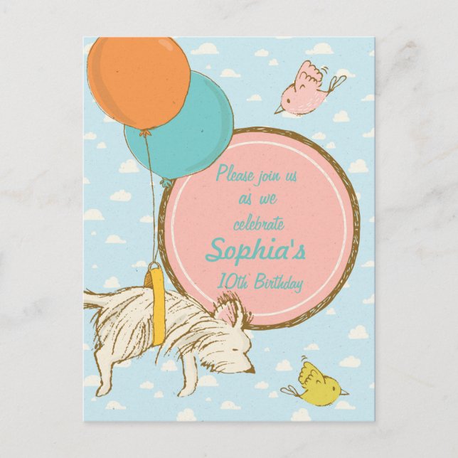 Flying dog and birds- Children Birthday Invitation (Front)