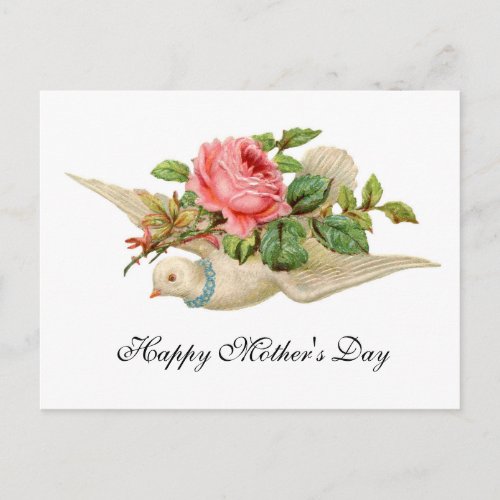 FLYING DOVE WITH PINK ROSE Mothers Day Postcard