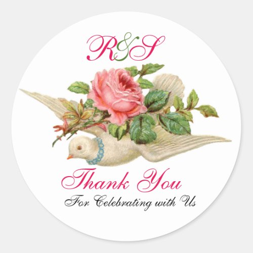 FLYING DOVE WITH PINK ROSE Thank You Monogram Classic Round Sticker