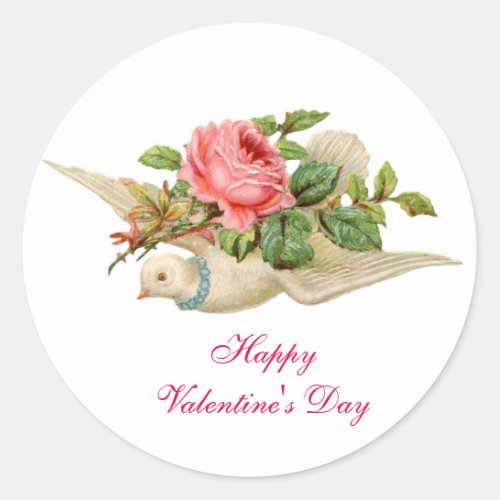 FLYING DOVE WITH PINK ROSE VALENTINES DAY CLASSIC ROUND STICKER