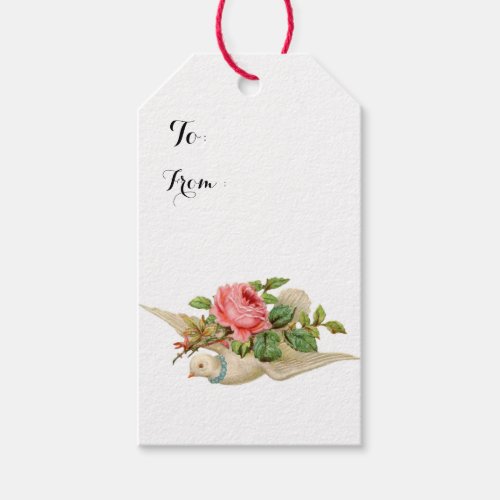FLYING DOVE WITH PINK ROSE Valentines Day Gift Tags