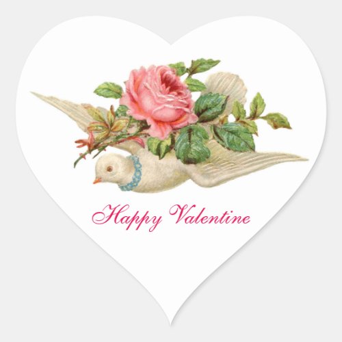 FLYING DOVE WITH PINK ROSE VALENTINES DAY HEART STICKER