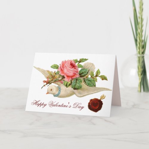 FLYING DOVE WITH PINK ROSE Valentines Day Holiday Card