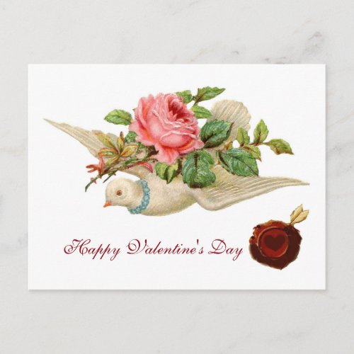 FLYING DOVE WITH PINK ROSE Valentines Day Holiday Postcard