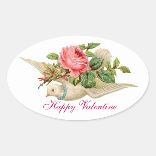 FLYING DOVE WITH PINK ROSE VALENTINES DAY OVAL STICKER
