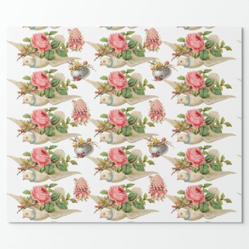 FLYING DOVE WITH PINK ROSES AND FLORAL EASTER EGGS WRAPPING PAPER