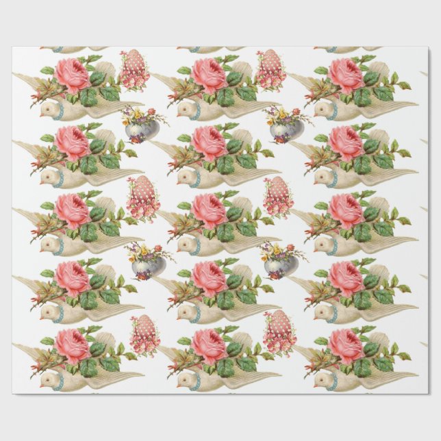 FLYING DOVE WITH PINK ROSES AND FLORAL EASTER EGGS WRAPPING PAPER (Flat)